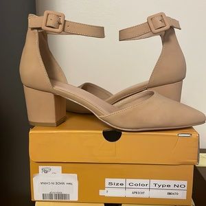 LAICIGO Women’s Pointed Toe Ankle Strap Chunky Block Heel D’Orsay Nude Color